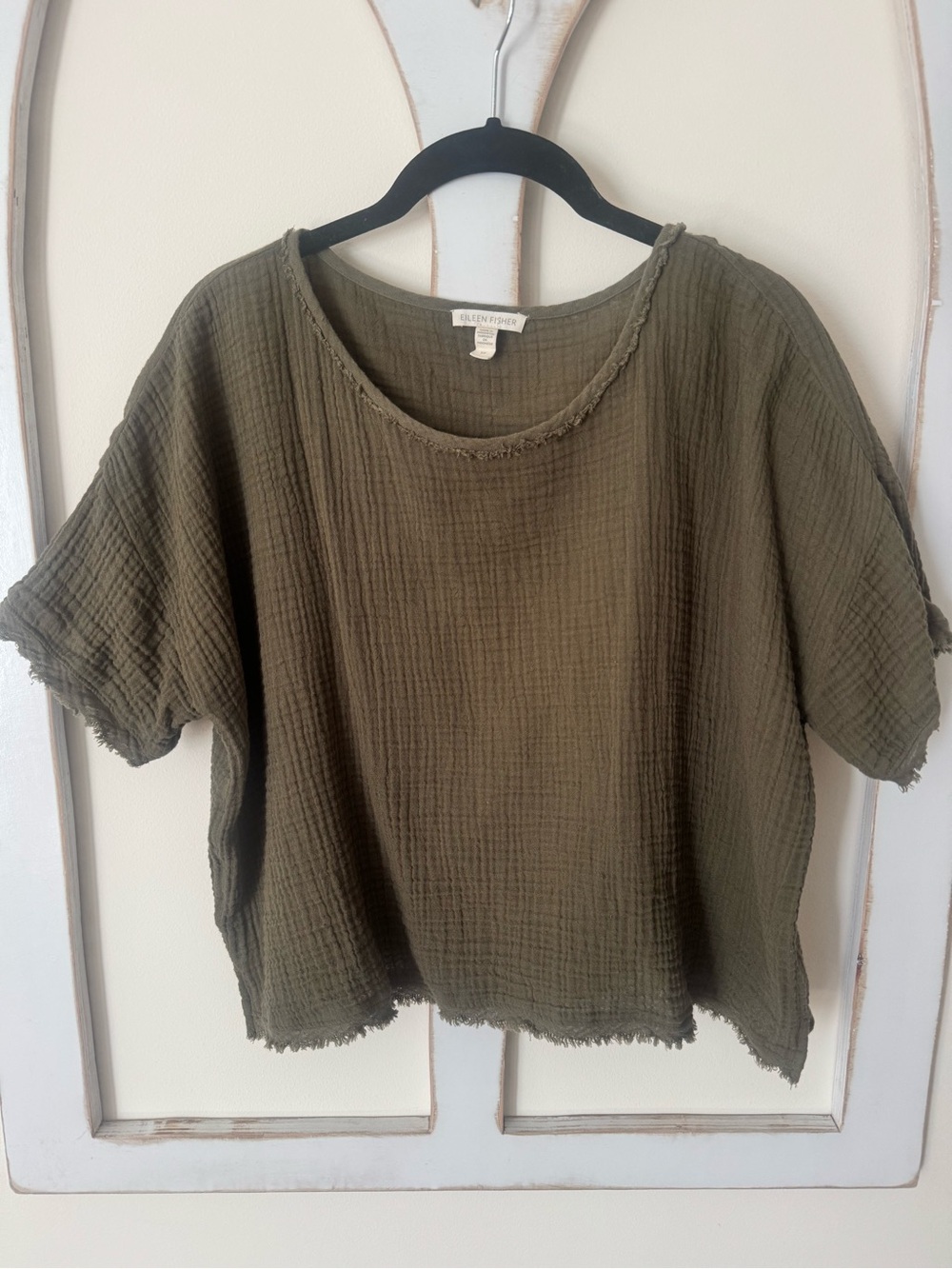 Eileen Fisher Organic Cotton Gauze Olive Boxy Top S